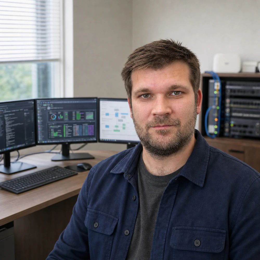 Eugene Komonov, KOMONOFF Founder, Owner and Managing Director, in a Jacksonville business IT office