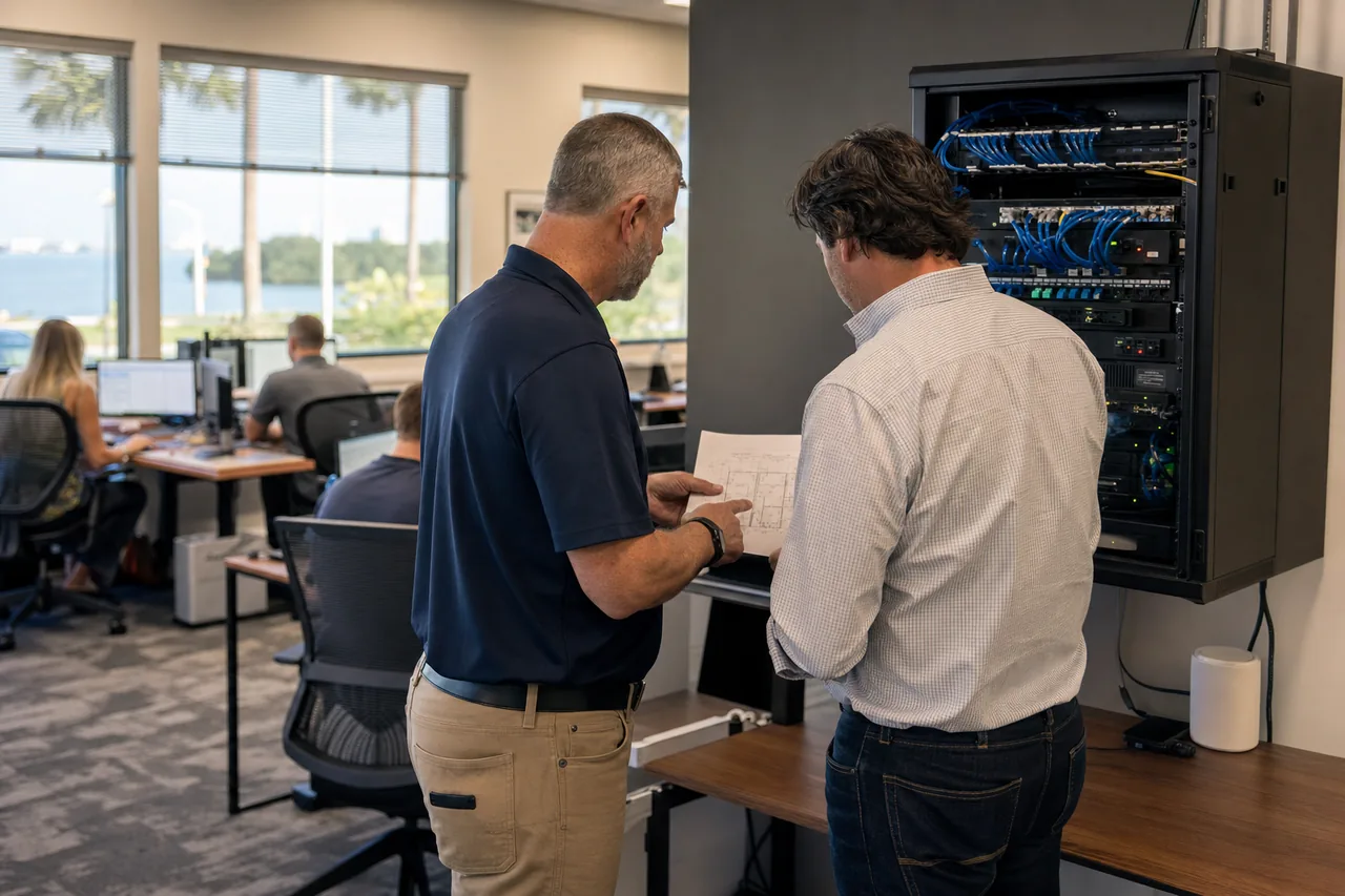 Technology lead reviewing a network project with a small-business owner