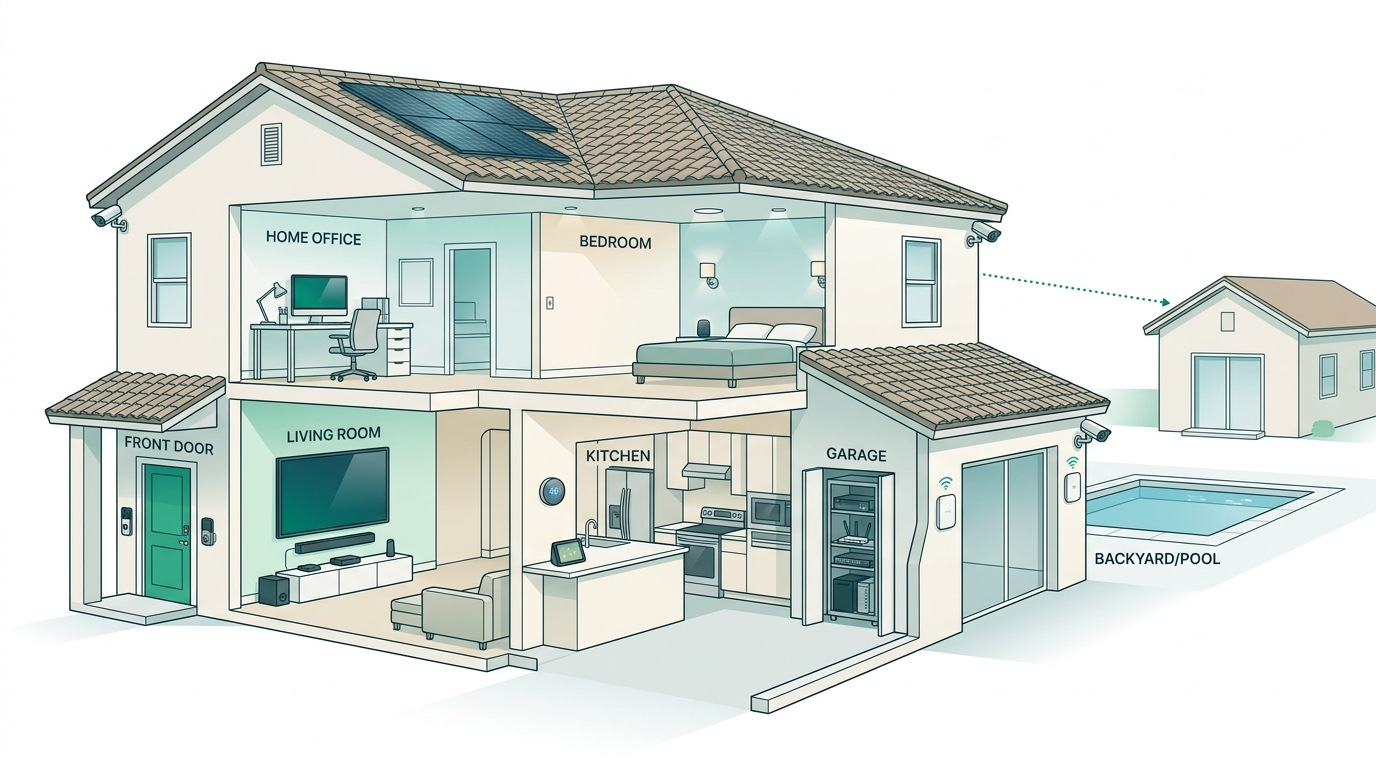 Architectural cutaway of modern Florida smart home showing Wi-Fi, cameras, TV mounting, and network infrastructure