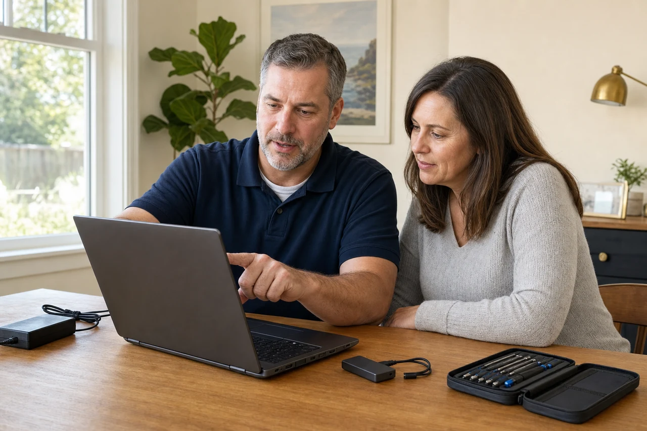 Technician diagnosing a laptop with a homeowner in Jacksonville