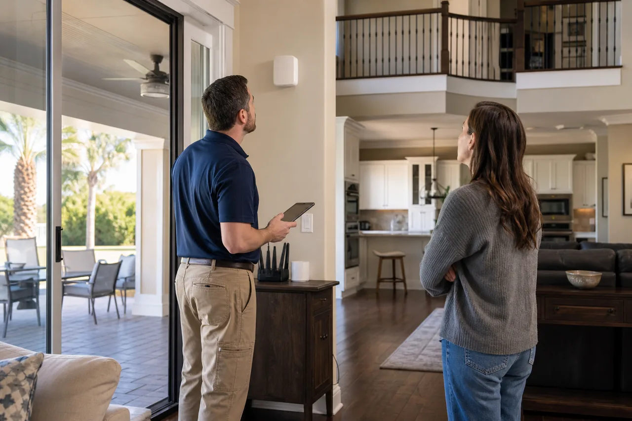 Technician validating whole-home Wi-Fi coverage